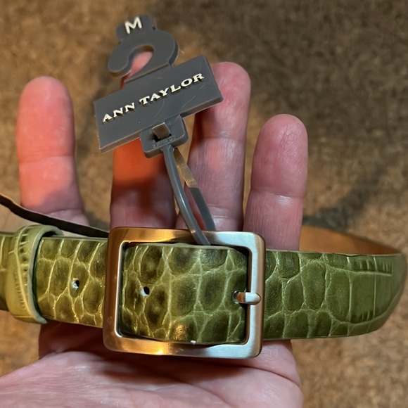 Vtg ANN TAYLOR Size Medium Green Leather Croc Embossed Belt Silver Closure NEW - Picture 6 of 16